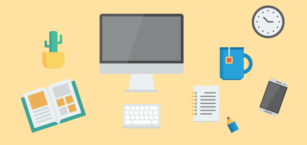 Mein Angebot: Websites mit WordPress, Web-Visitenkarten Grafik, die den Schreibtisch einer Webdesignerin darstellt